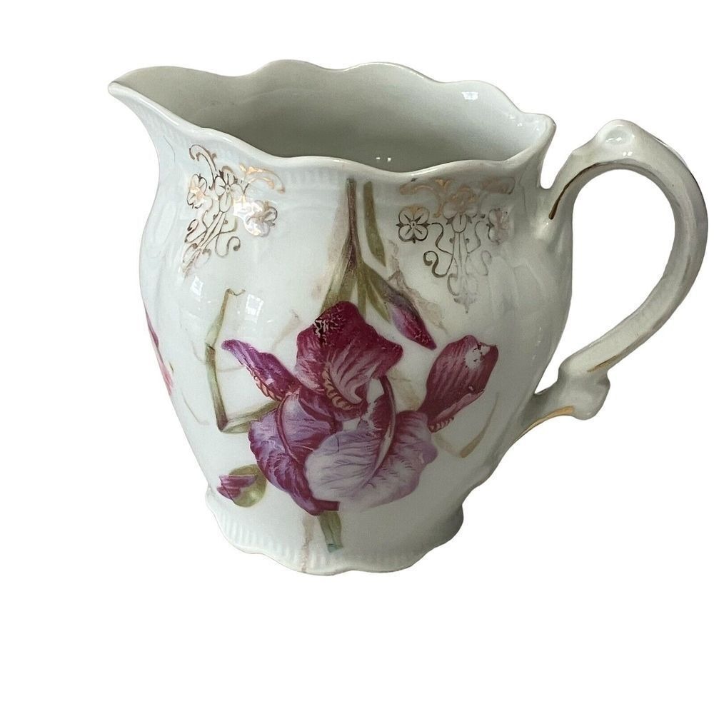 Antique‎ Bavaria  Creamer Floral Iris Tulip Gold Gilt Handle ZS & CO Germany